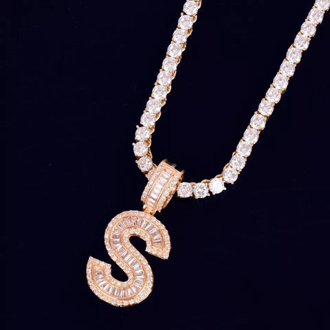 BAGUETTE LETTER NECKLACE WITH TENNIS CHAIN - Bling Ting